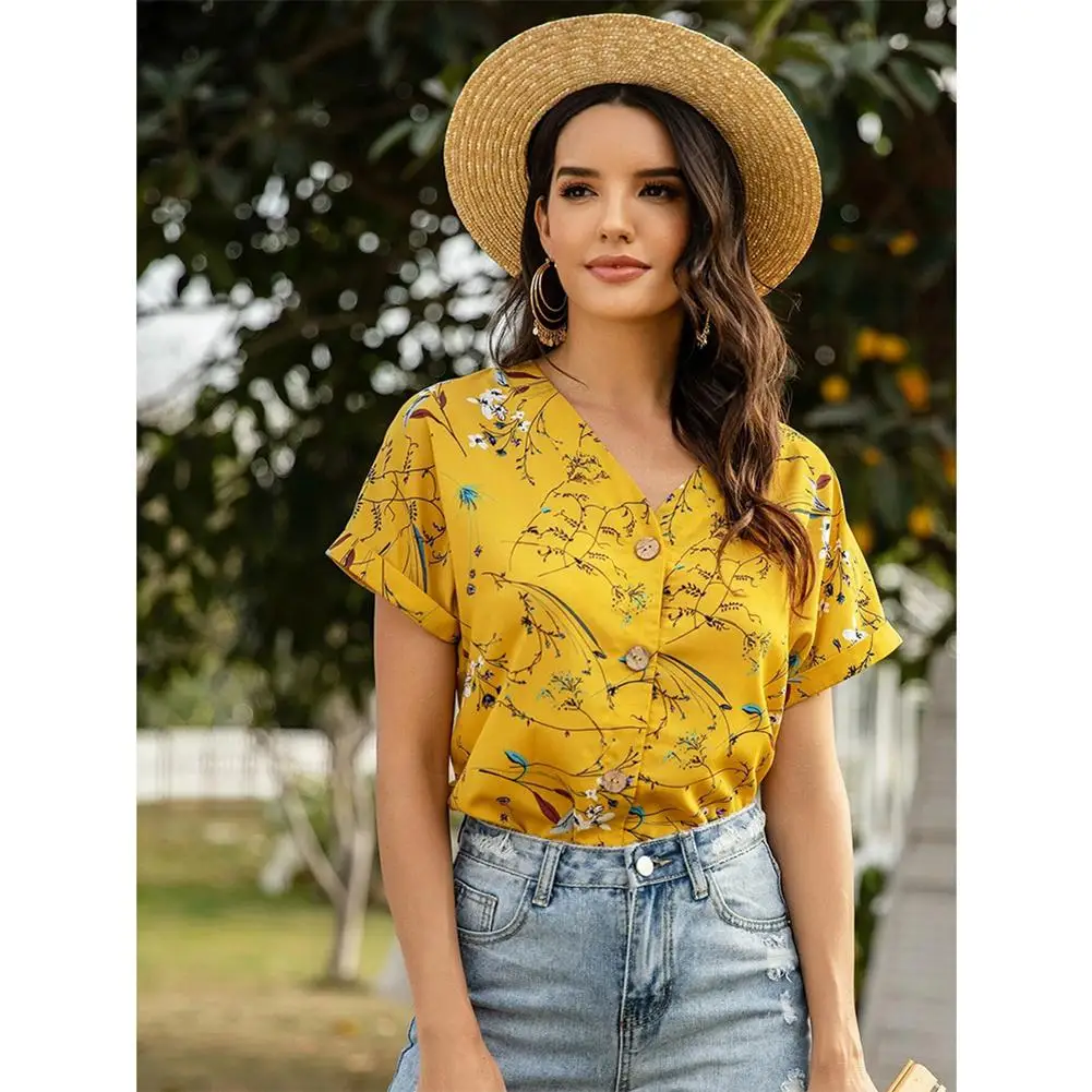 

MISSKY 2020 New Summer Women's Blouse Printing All-match Short-sleeve V-neck Chiffon Shirt Female Tops Yellow Color