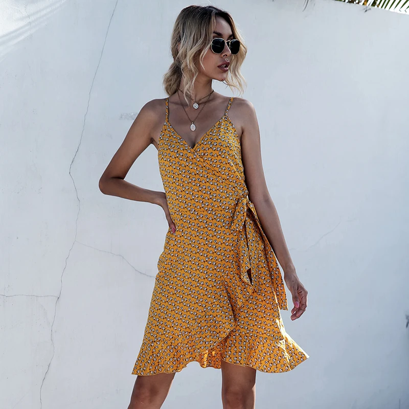 

Summer Ladies Casual Spaghetti Strap Short Dress Women 2021 New V Neck Sleeveless Ruffles Floral Slim Party Dresses
