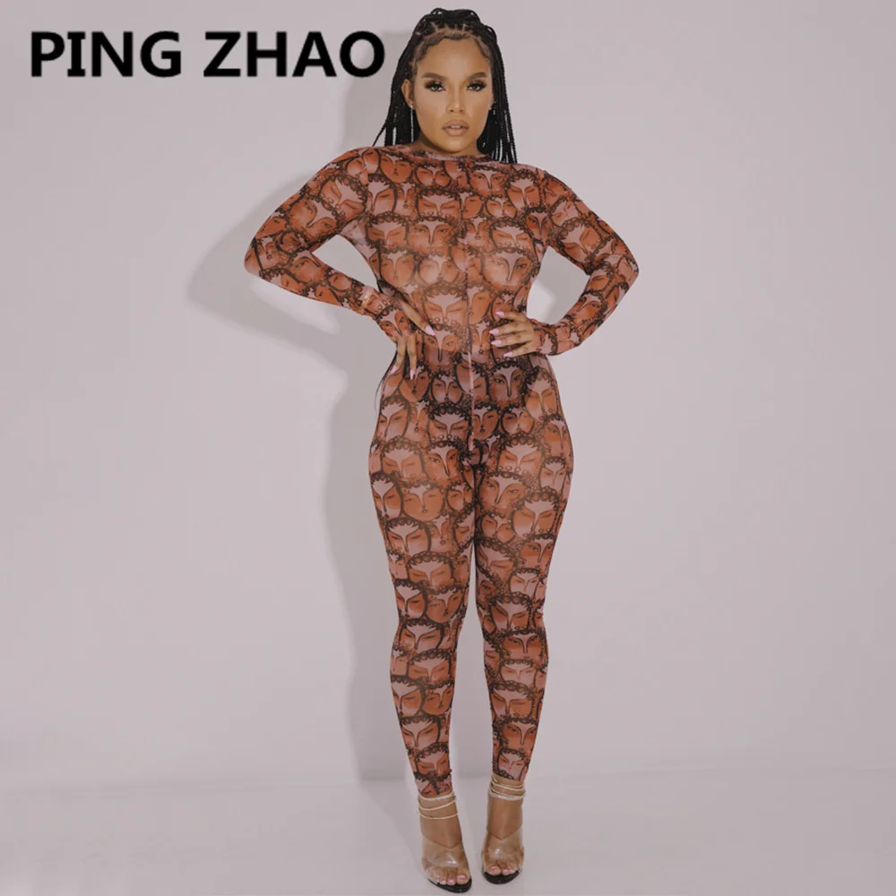 

PING ZHAO Women Jumpsuit Print Mesh See-through Full Sleeve O-neck Stretchy Skinny Bodycon Pencil Jumpsuits Sexy Outfit Autumn