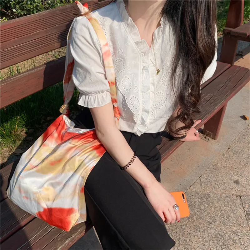 Alien Kitty V-neck Dedicate Embroidery Hollow Out White Ruffles 2020 Solid Loose Leisure Sweet Gentle Hot Office Lady Shirt | Женская