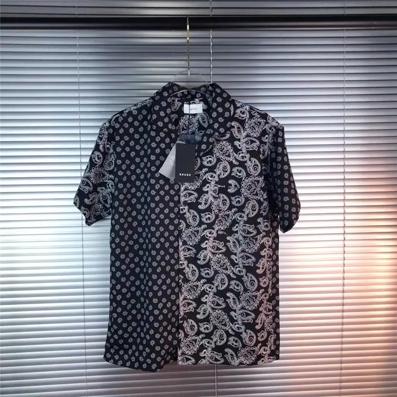

Hip-Hop Streetwear Pacthwork RHUDE Shirt 2021 Men Women Good Quality High Street Splic Cashew Flower Buttoned Tees Beach style