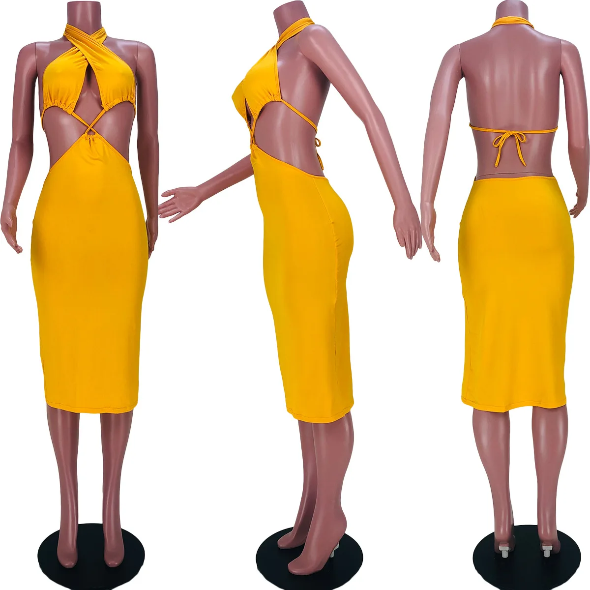 

Donsignet 2021 Summer Women's Dress Halter Neck Sexy Hollow Out Lace-up Backless Dress Vestido Feminino Bandage Dresses Club