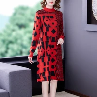 autumn winter red print wool sweater midi dress women elegant bodycon sweatersjumpers 2021 vintage knitted tultleneck pullovers