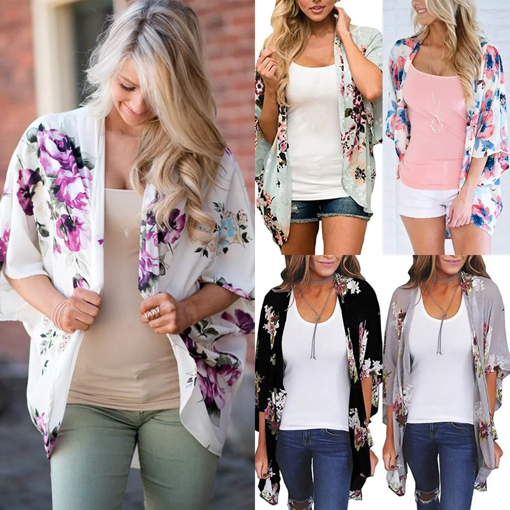

Womens Cardigan Sandbeach Flower Printing Casual Loose Coat Outwear