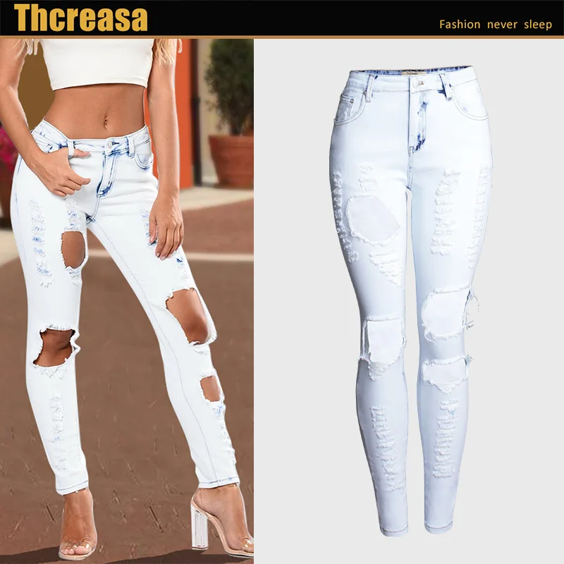 New Hot Women Jeans Pants High-waisted Body-building Elastic Hole Tearing Personality Beggar Big Hole Jeans White