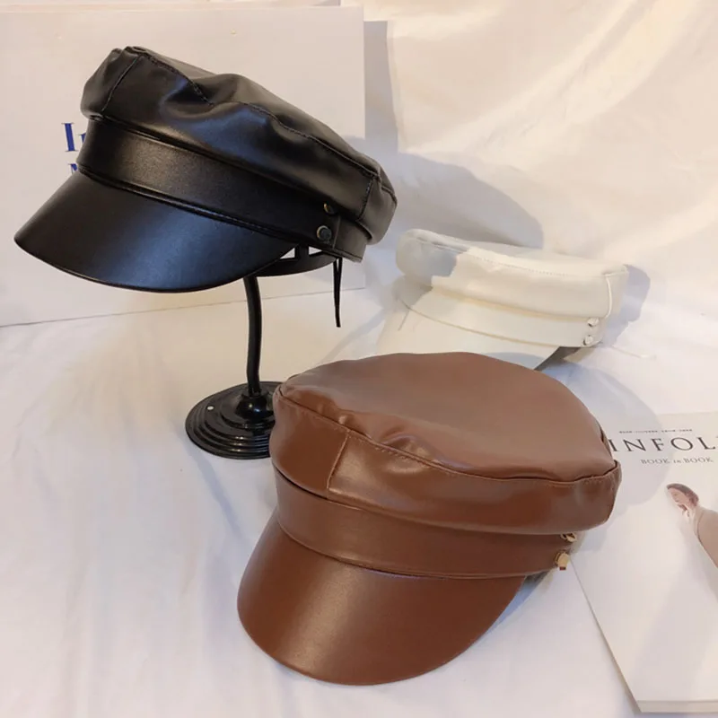 

Autumn and winter new PU Leather Flat Top Navy Hat Women's European and American fashion hat trend women's hat men's hat militar