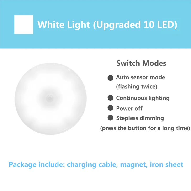 PIR Motion Sensor LED Night Light USB Rechargeable Dimmable Lamp for Bedroom Kitchen Cabinet Wireless Closet | Лампы и освещение