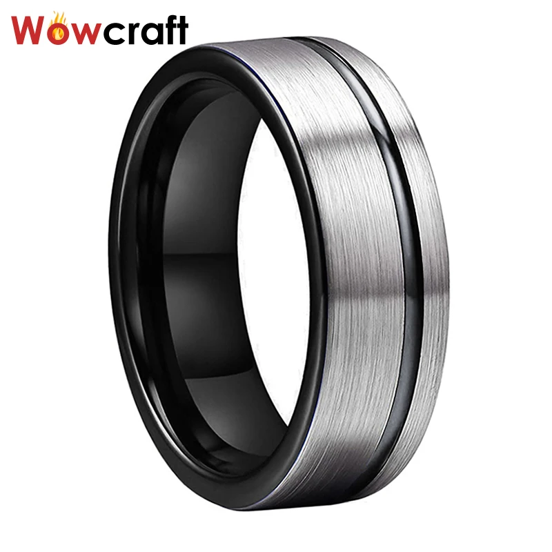 

8mm Black Mens Tungsten Carbide Ring Womens Wedding Bands Offset Line Brushed Finish Comfort Fit