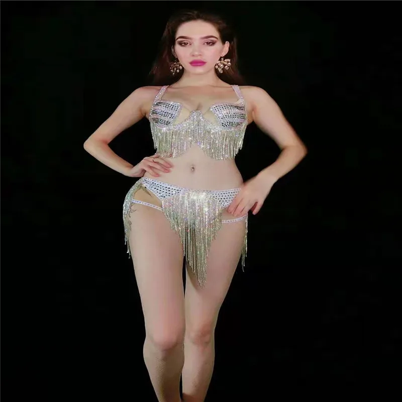 

T13 Singer proom dance costumes sext female bikini rhinestones bodysuit Bra Shorts 2-Pieces outfit crystals bikini set dress dj
