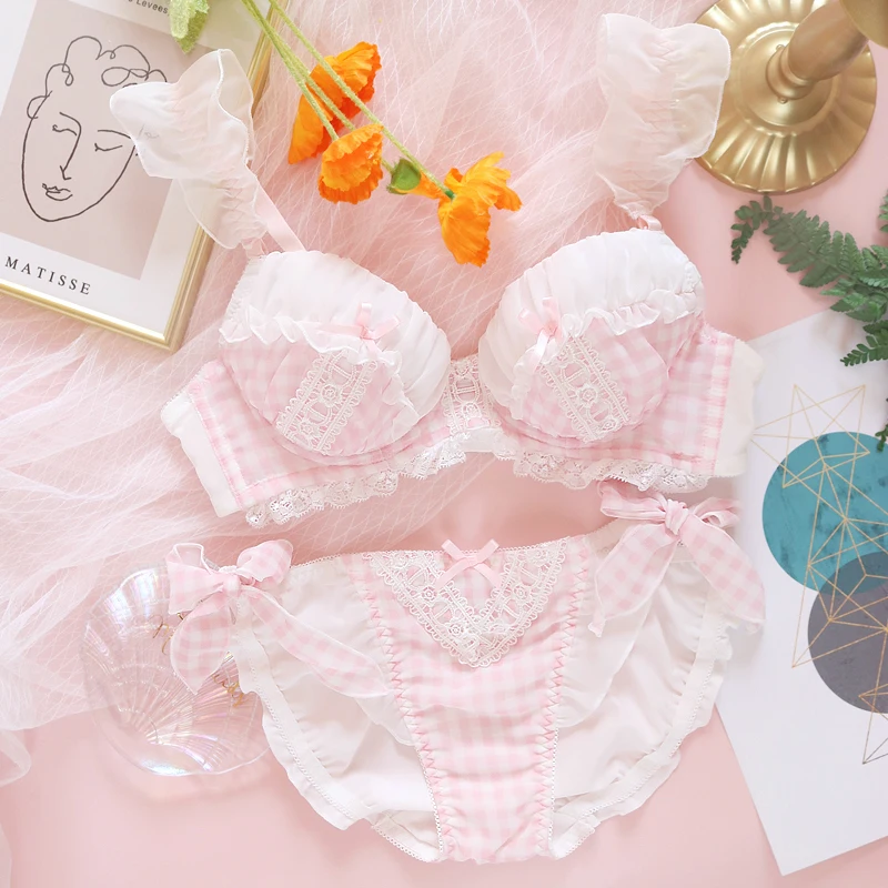 Sweet Sexy Girl Spring Summer Underwear Set Japanese Lolita Cute Maid Plaid Lace Bow Push Up Underwire Bra & Panties Set Intima