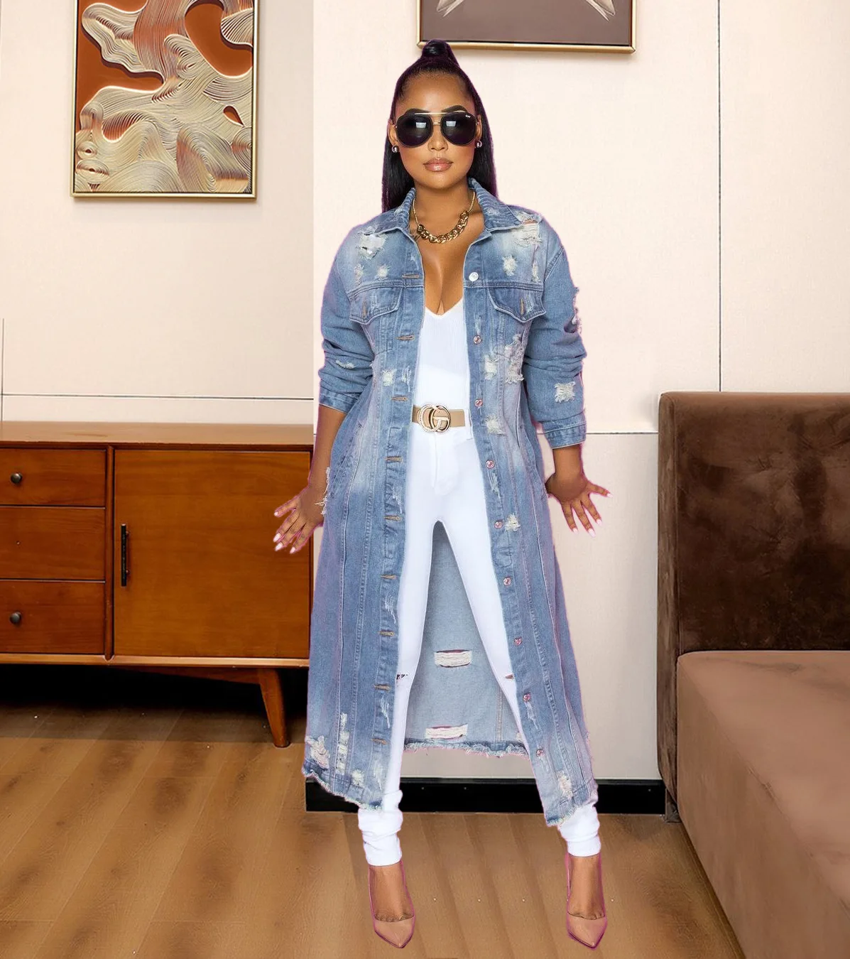 

2021 Spring Autumn New Retro Button Denim Jacket Ladies Lapel Stand Collar Slim Jacket Ladies Fringed Ripped Street Jacket