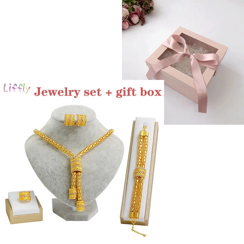Jewelry Sets and box Liffly, Свадебные африканские Ювелирные наборы, модное золотое ожерелье, серьги, кольцо, циркон, для подружки невесты, Дубай, Золотые Ювелирные наборы для женщин - Окраска металла: Jewelry Sets and box