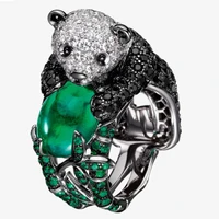 2020 new fashion full rhinestones ring cute panda with green crystal bamboo ring charms for women party jewelry gift accessories