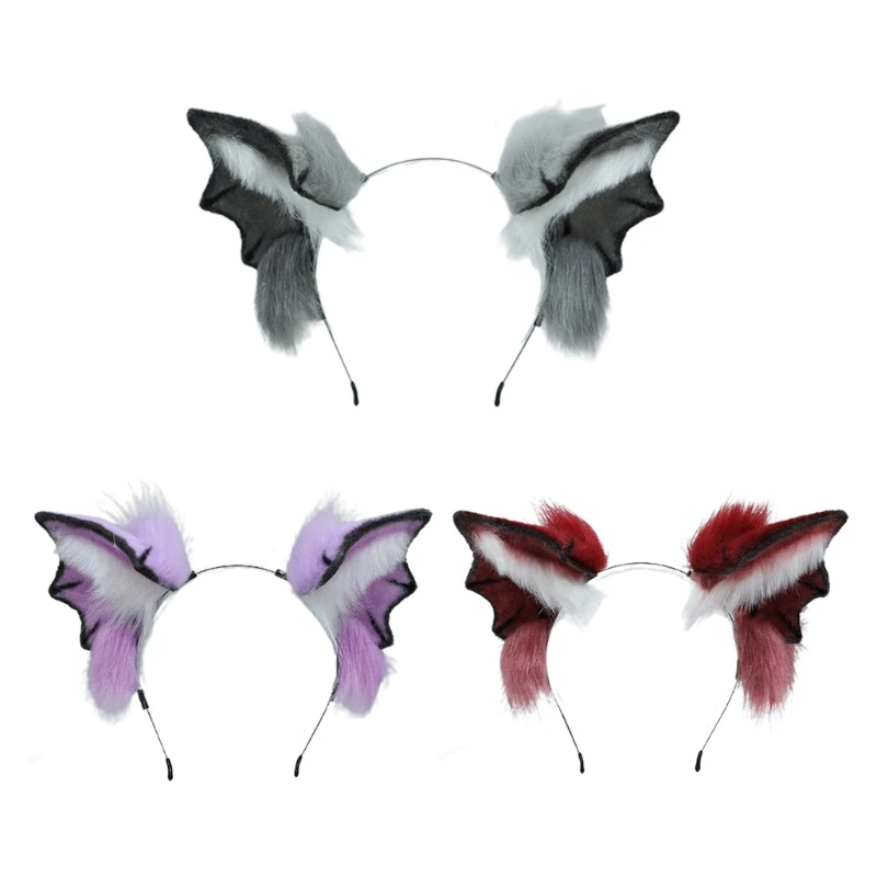 

Cosplay Furry Devil Bat Hair Hoop Handmade Animal Headband Long Fur Animal Headpiece for Halloween Party Supplies DXAA