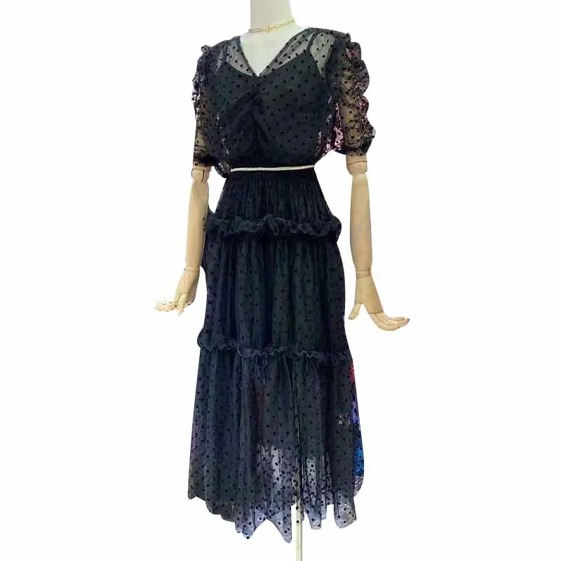 

VGH Vintage Dot Dress For Women V Neck Short Sleeve High Waist Patchwork Mesh Midi Dresses Female Summer Fashion New 2021 Style