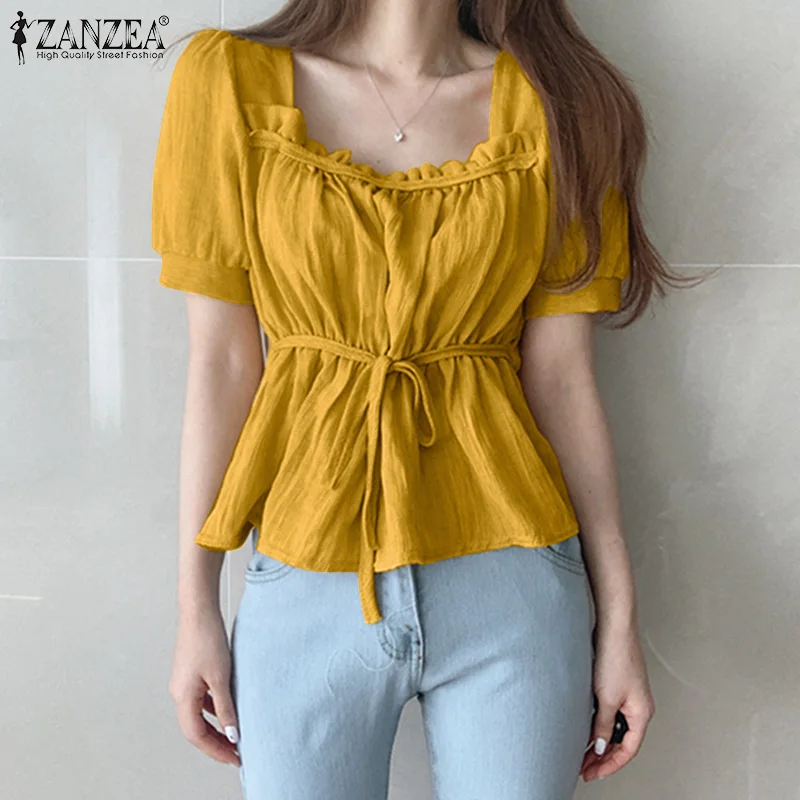 

2021 Summer Solid Short Sleeve Tunic Womens Elegant Ruffle Pullovers Casual Korean Pleated Drawstring Top ZANZEA Fashion Blouses
