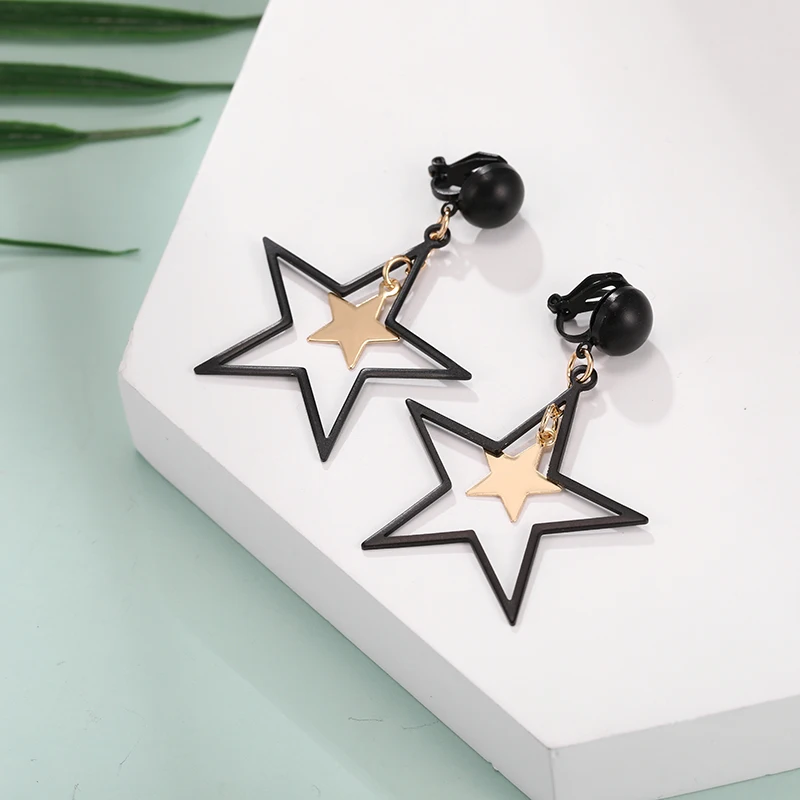 

Gold Black Star Ear Clip for Women Vintage Geometric Gold Drop Earring Without Piercing Ears Brincos Female 2020 Fashion Jewelry