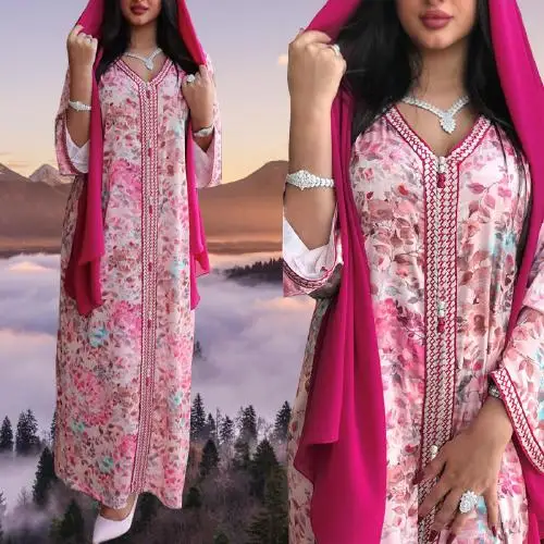 

Женская повседневная одежда в мусульманском стиле, новинка на лето, свободное Макси-платье в сдержанном стиле с V-образным вырезом и цветочн...