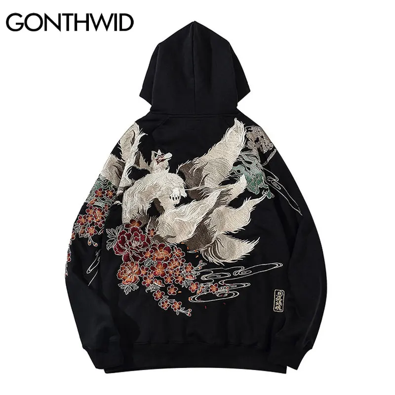 GONTHWID Japanese Streetwear Hoodie Hip Hop Sweatshirt Embroidered Fox Hooded 2022 Mens Harajuku Cotton Casual Pullover Black