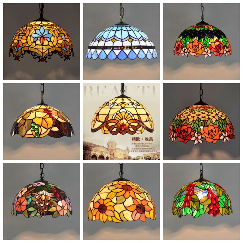 

2021European Retro Tiffany Colorful Glass Chandelier Bar Restaurant Creative Rural Bedroom PorchBalcony Mediterranean Chandelier