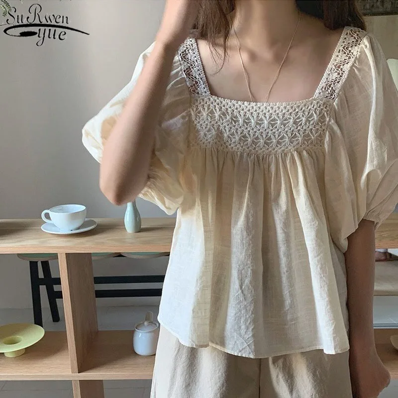 

Korea Hollow Crochet Bubble Sleeve Women's Shirt Summer Shirt Square Collar Vintage Splicing Women's Tops and Blouse 14321