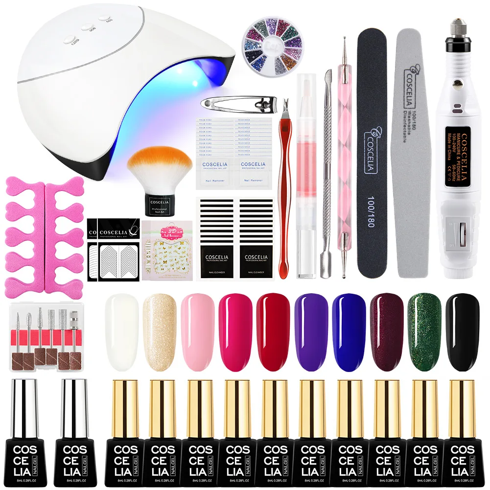 10pc nail kit Маникюрный набор для маникюра с 36 Вт светодиодной лампой для ногтей, машинка для сверления ногтей, Набор лаков для ногтей, набор акриловых инструментов для дизайна ногтей - Цвет: 10pc nail kit