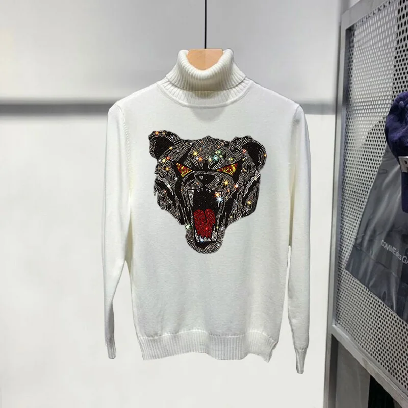 

Autumn And Winter Thickened Plus Size Sweatshirt 2021 Pullover Warm Design Men's Turtleneck Sweater Brand Diamond Animal Pattern