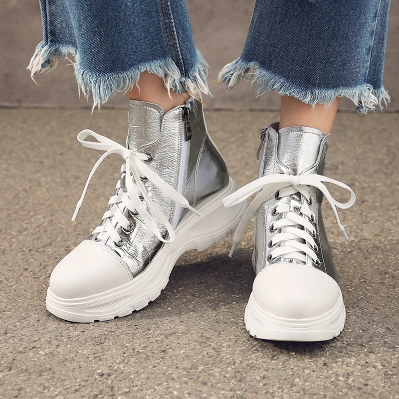 

WETKISS Cow Leather Boots Women Fashion Casual Ankle Boot Female Zip Lace Up Shoes Ladies Flat Platform Shoes Women Winter 2020