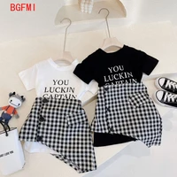 girls summer clothes 2021 new baby girl suit kid childrens clothing short sleeved top t shirt asymmetry plaid skirt 2pcs set