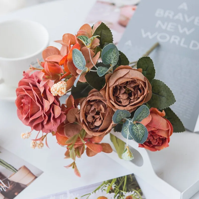 Искусственные цветы осенняя ваза пиона для дома горшечные растения уличное