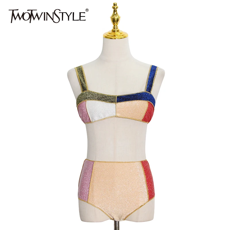 

Colorblock Sexy Two Piece Set For Female Square Collar Sleeveless Lace Up Camisole High Waist Shorts Women's Suits