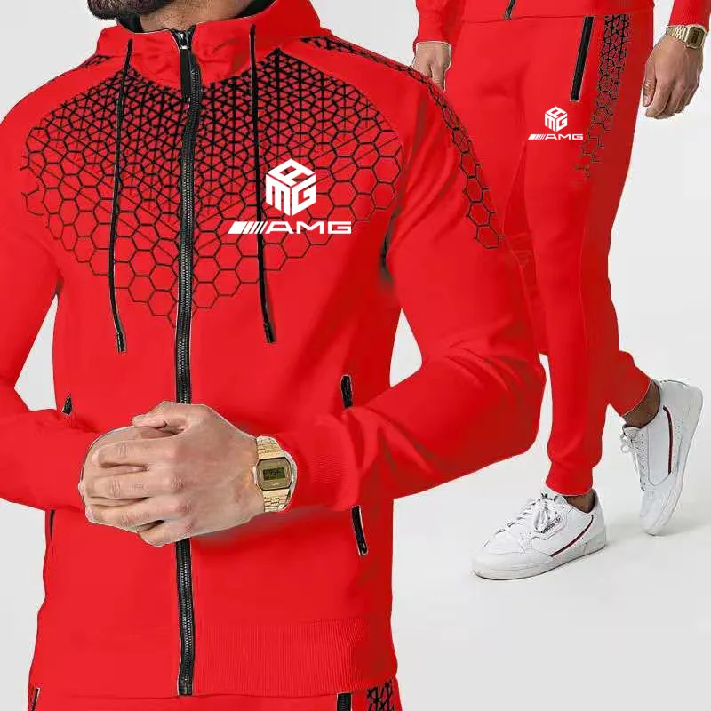 

New mens 2 Pieces Sets Hooded Tracksuit AMG logo Print Men Hooded Sweatshirt+pants Sportwear Suit Casual Sports Men Clothes