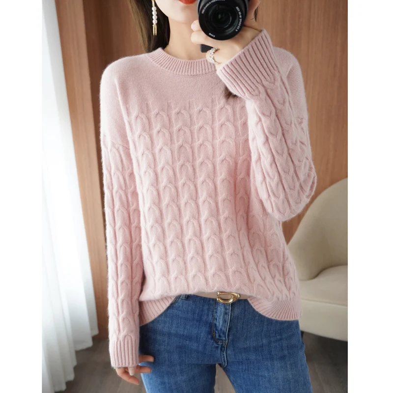 

2021 autumn/winter new 100% wool sweater women thick casual solid color round neck cashmere sweater ladies loose top