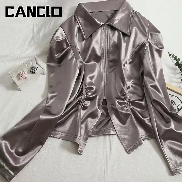 2021 New Silk Office Fashion Pleated Split Zipper Blouse Shiny Solid Color Blouse Korean Style Puff Sleeve Blouse Women images - 6
