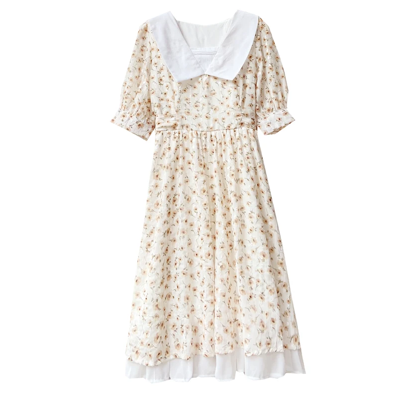

women's clothing new summer fashion peter pan collar flower print dress puff short sleeves floral dresses female