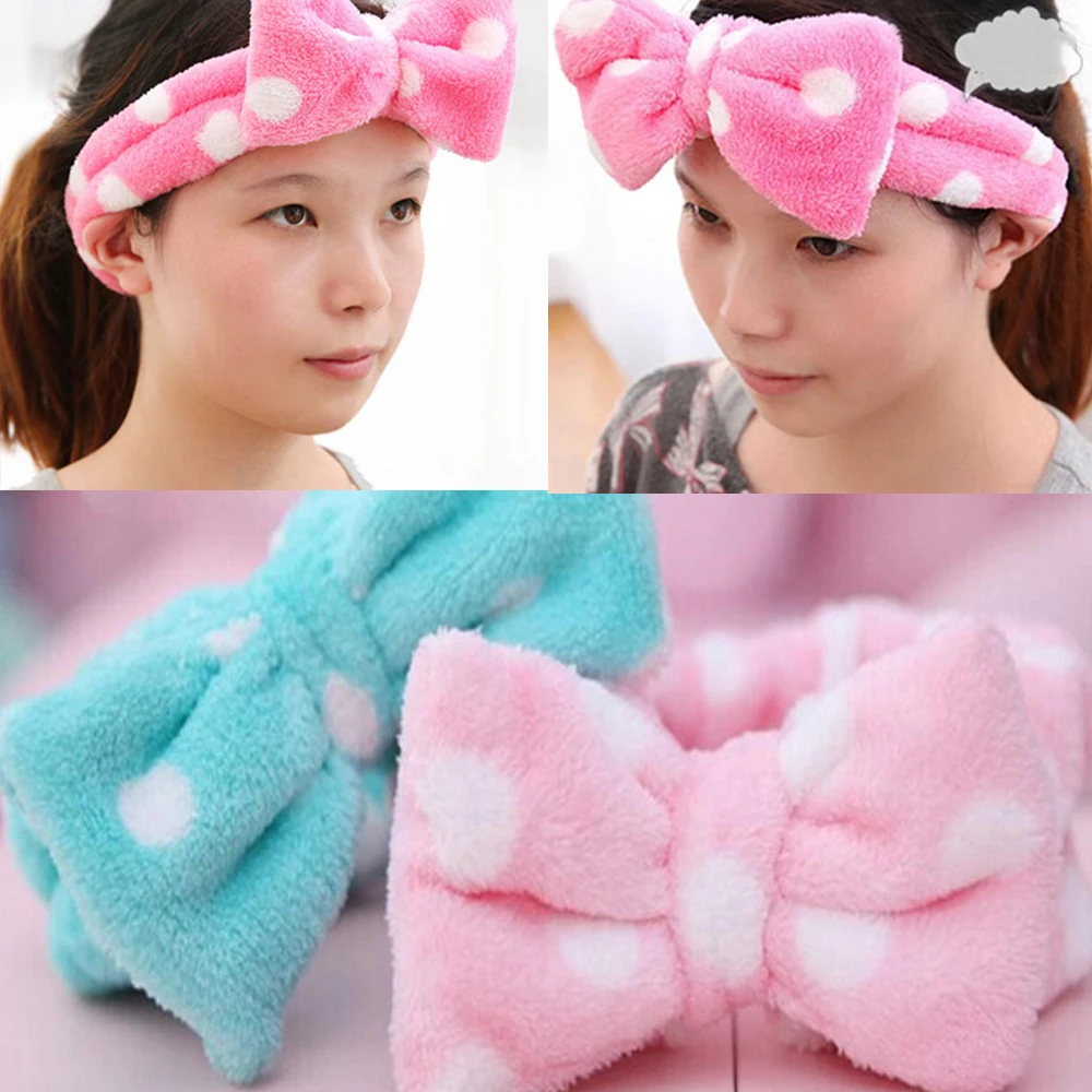 

New Arrival Big Bow Dot Striped Soft Towel Hair Band Head Wrap Headband Bath Spa Make Up Female Coral Velvet Bowknot Hairbands