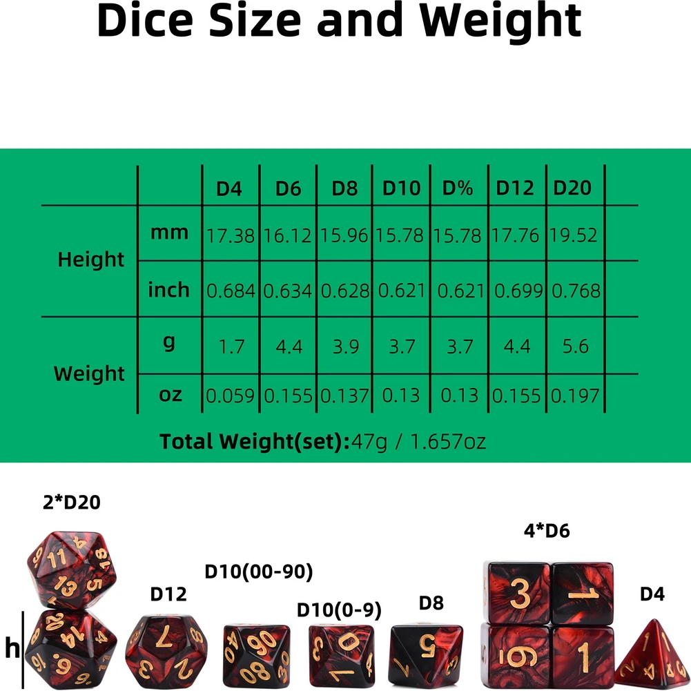 

11pc RPG Dice Set Red and Black Colors with Velvet Bag for Tabletop Games DnD 5e