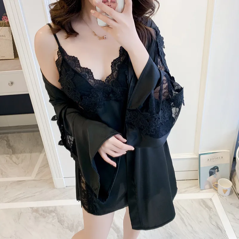 

Women Lace Patchwork Sleepwear 2PCS Sleep Set Sexy Perspective Satin Robe Kimono Gown Silky Intimate Lingerie Nightdress