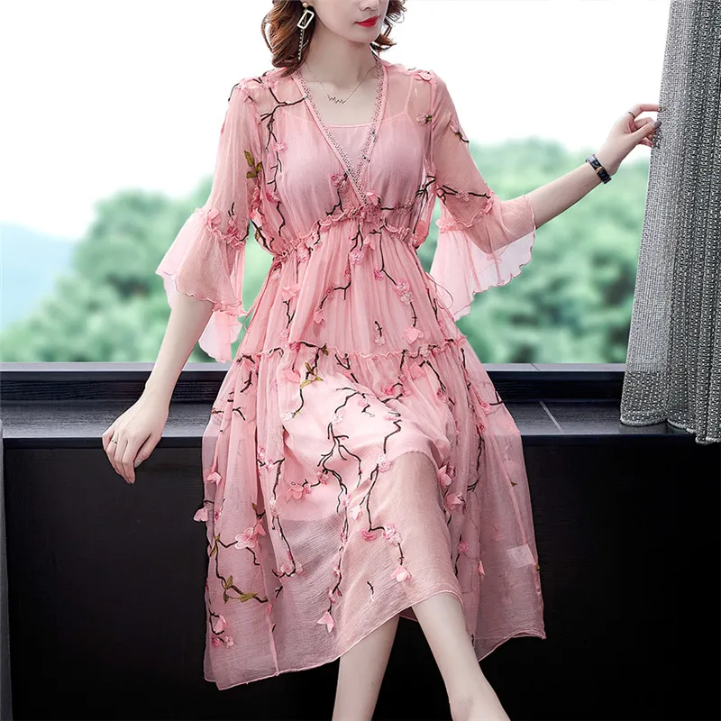 Женское платье с вышивкой Розовое свободное из искусственного шелка длинным