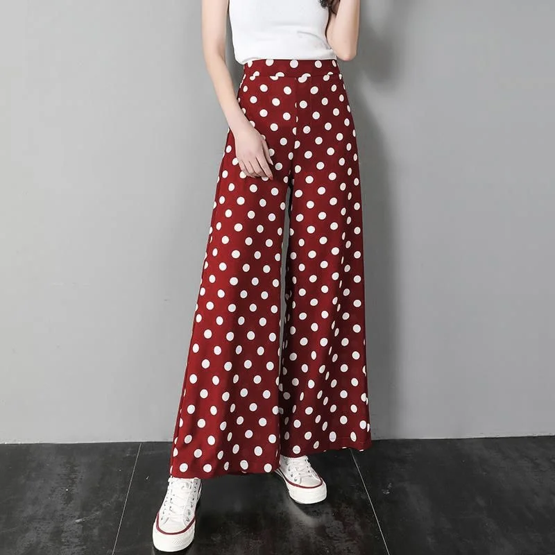 

Women's Elastic Waist Long Trousers 2022 Vintage Polka Dot Printed Wide Leg Pants Summer Pantalon Casual Palazzo Y838