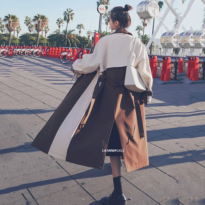 Женский винтажный Тренч Длинная ветровка контрастных цветов хаки и коричневого