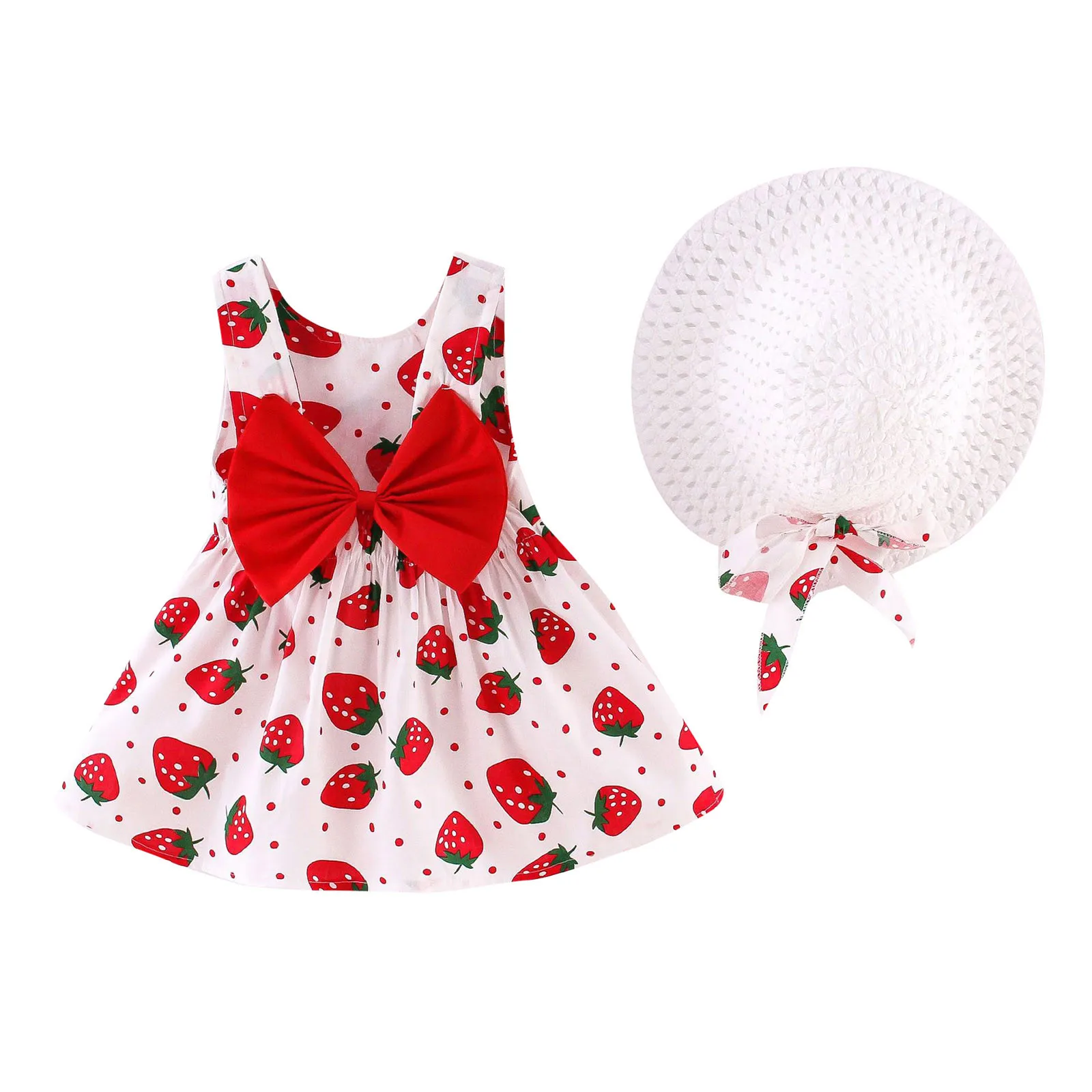 

Clothing for Girls Strawberry Print Fashion Dresses Toddler Baby Kids Sleeveless Strawberry Print Princess Dress Hat Outfits