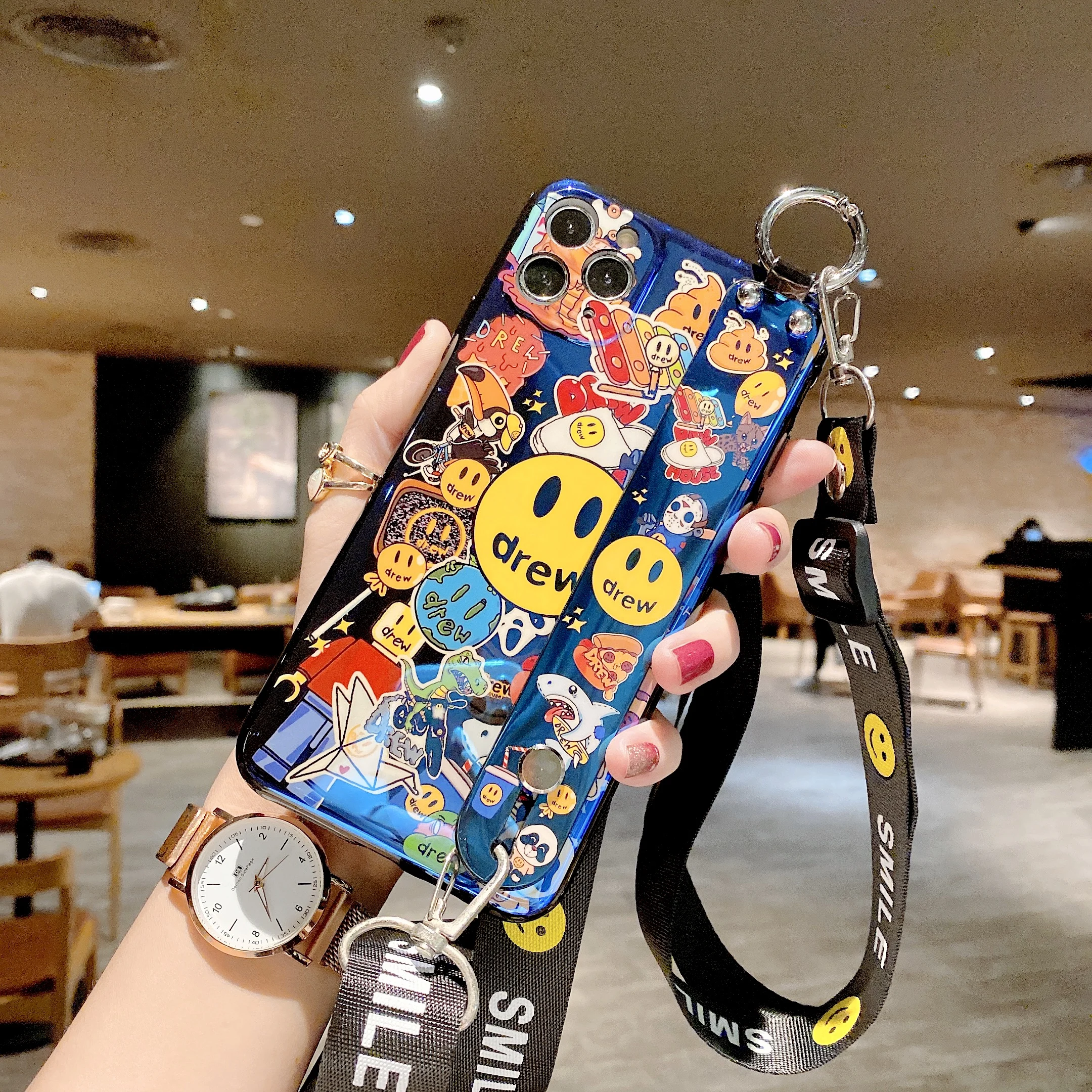 

Crossbody lanyard Phone case for iPhone 12 11 pro max 12mini X Xs max XR 7 8 6 6s plus soft smile cartoon back cover with strap