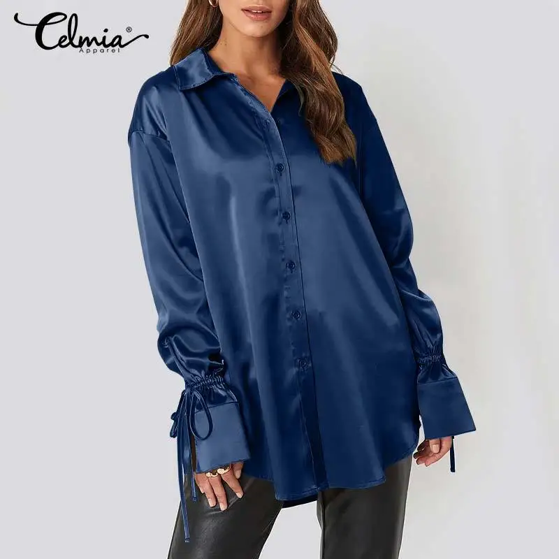 

Celmia Elegant Women Satin Shirts 2021 Autumn Slik Blouses Stylish Long Flare Sleeve Turn-down Collar Tops Casual Office Blusas