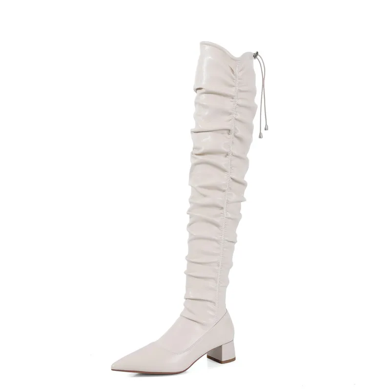 

ANNYMOLI Pointed Toe Over The Knee Boots Woman Real Leather Med Heel Long Boots Thick Heel Thigh High Boots Pleated Female Shoes