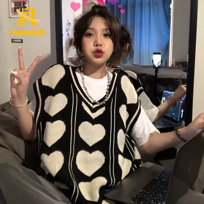 

ROENICK Women Oversized Heart-Shaped V-Neck Sweater Vest Students Autumn New Knit Tops Chic Sleeveless Clothes Vintage Waistcoat