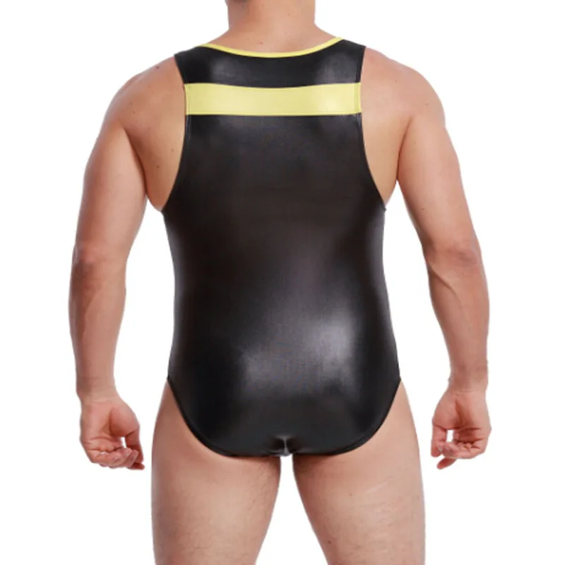 

Mens Bodysuit Sexy One Piece Jumpsuits Shapers Colour Patchwork Faux Leather Bodysuits Party Club Wear Sissy Gay Fetish Clothing