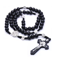 religious jesus saint benedict maria beaded necklace wooden black cross rosary pendant necklaces for men women jewelry