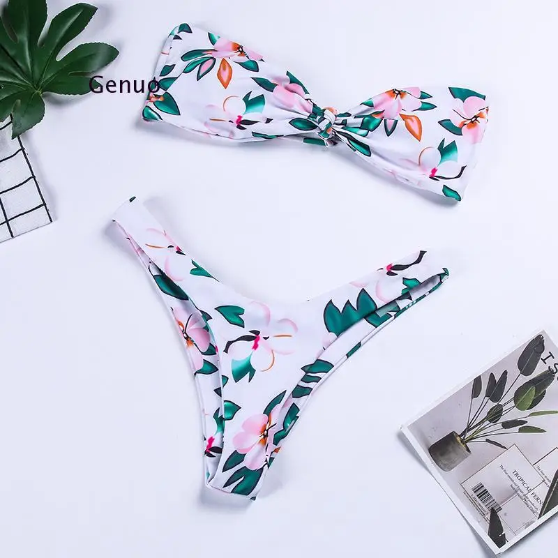 

Women Bikini Set Leaf Print Lace-Up High Leg Biklady Sexy Bikini Swimwear Summer Beach Swimsuit Bathing Suitini Set