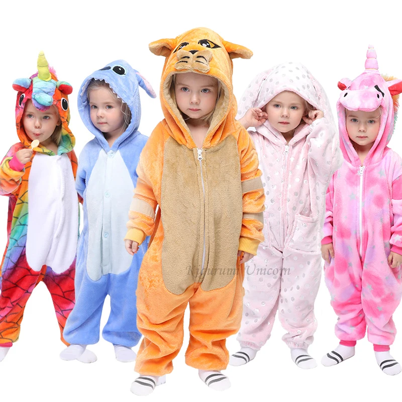 Kigurumi Unicorn Children Flannel Pajamas Kids Winter Sleepwear Boys Onesies Girls Sets Tiger Panda Stitch Animal Pyjama |